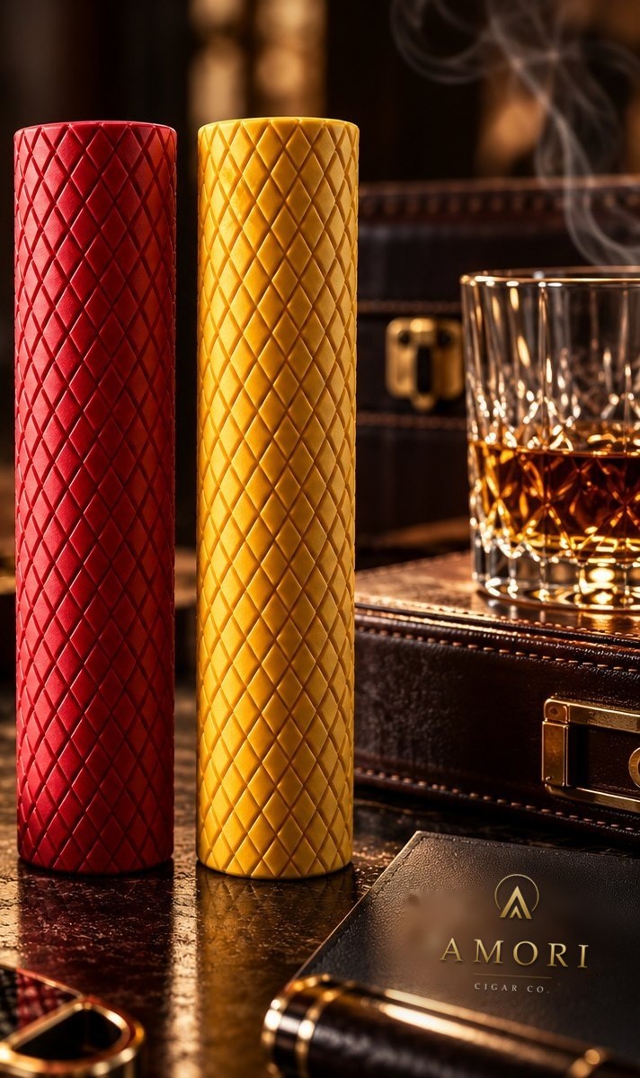 Crimson and gold Amori humidifying cases beside a glass of whiskey and an Amori leather notebook