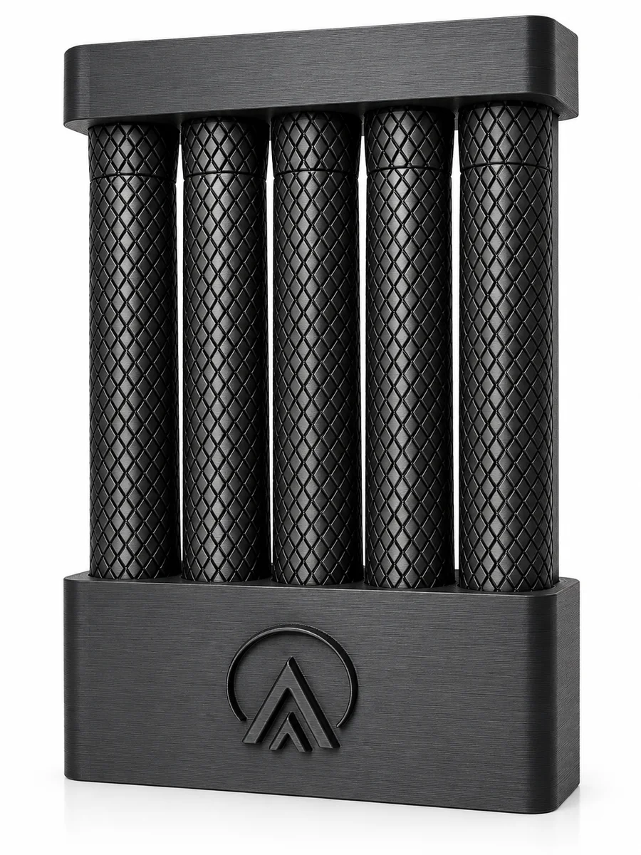 Five matte black Riserva cases in the Amori display stand