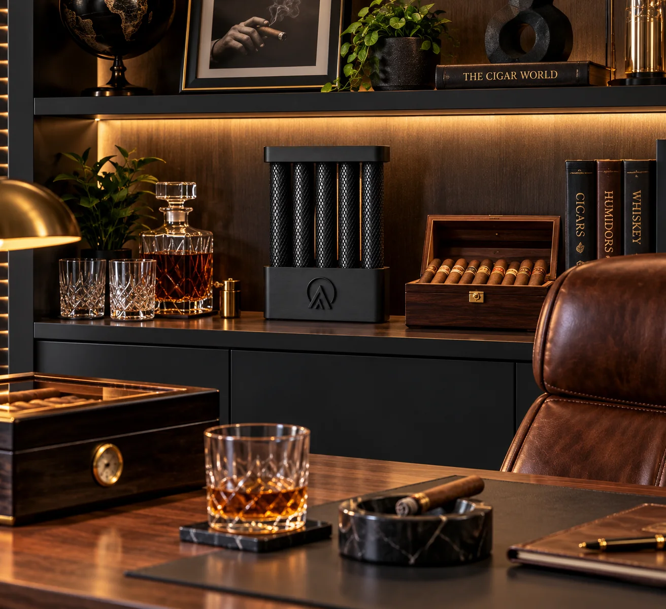 Matte black Connoisseur Set with display stand on a bookshelf in a home office